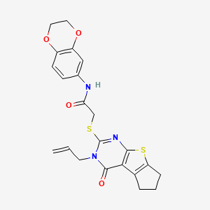 molecular formula C22H21N3O4S2 B11650000 2-[(3-allyl-4-oxo-3,5,6,7-tetrahydro-4H-cyclopenta[4,5]thieno[2,3-d]pyrimidin-2-yl)sulfanyl]-N-(2,3-dihydro-1,4-benzodioxin-6-yl)acetamide 