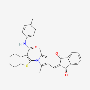 molecular formula C32H28N2O3S B11650137 2-{3-[(1,3-dioxo-1,3-dihydro-2H-inden-2-ylidene)methyl]-2,5-dimethyl-1H-pyrrol-1-yl}-N-(4-methylphenyl)-4,5,6,7-tetrahydro-1-benzothiophene-3-carboxamide 