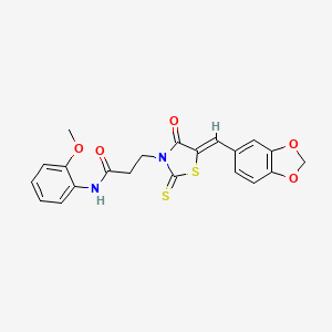 molecular formula C21H18N2O5S2 B11650304 3-[(5Z)-5-(1,3-benzodioxol-5-ylmethylidene)-4-oxo-2-thioxo-1,3-thiazolidin-3-yl]-N-(2-methoxyphenyl)propanamide 