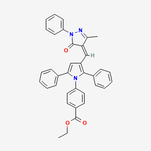 molecular formula C36H29N3O3 B11650423 ethyl 4-{3-[(Z)-(3-methyl-5-oxo-1-phenyl-1,5-dihydro-4H-pyrazol-4-ylidene)methyl]-2,5-diphenyl-1H-pyrrol-1-yl}benzoate 