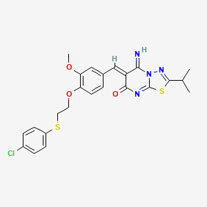 molecular formula C24H23ClN4O3S2 B11650467 (6Z)-6-(4-{2-[(4-chlorophenyl)sulfanyl]ethoxy}-3-methoxybenzylidene)-5-imino-2-(propan-2-yl)-5,6-dihydro-7H-[1,3,4]thiadiazolo[3,2-a]pyrimidin-7-one 