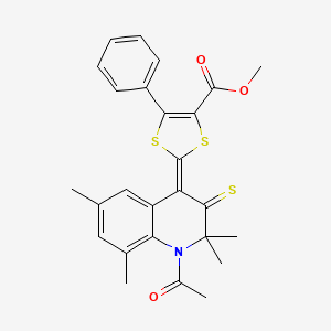 molecular formula C26H25NO3S3 B11650520 methyl (2Z)-2-(1-acetyl-2,2,6,8-tetramethyl-3-thioxo-2,3-dihydroquinolin-4(1H)-ylidene)-5-phenyl-1,3-dithiole-4-carboxylate 