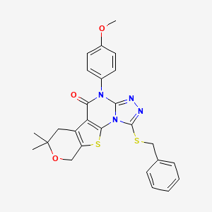 molecular formula C26H24N4O3S2 B11650552 3-benzylsulfanyl-7-(4-methoxyphenyl)-12,12-dimethyl-13-oxa-16-thia-2,4,5,7-tetrazatetracyclo[7.7.0.02,6.010,15]hexadeca-1(9),3,5,10(15)-tetraen-8-one 