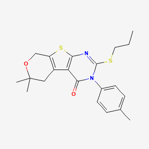 molecular formula C21H24N2O2S2 B11650729 12,12-dimethyl-4-(4-methylphenyl)-5-propylsulfanyl-11-oxa-8-thia-4,6-diazatricyclo[7.4.0.02,7]trideca-1(9),2(7),5-trien-3-one 