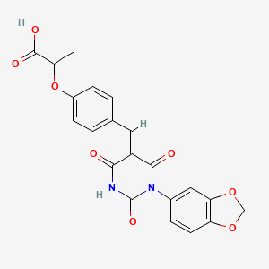 molecular formula C21H16N2O8 B11650738 2-(4-{(E)-[1-(1,3-benzodioxol-5-yl)-4-hydroxy-2,6-dioxo-1,6-dihydropyrimidin-5(2H)-ylidene]methyl}phenoxy)propanoic acid 