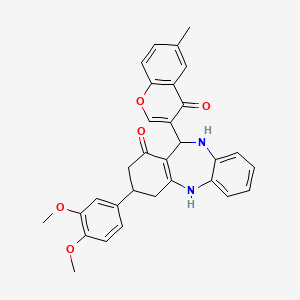 molecular formula C31H28N2O5 B11650805 3-(3,4-dimethoxyphenyl)-11-(6-methyl-4-oxo-4H-chromen-3-yl)-2,3,4,5,10,11-hexahydro-1H-dibenzo[b,e][1,4]diazepin-1-one 