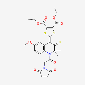 molecular formula C27H28N2O8S3 B11650818 diethyl 2-{1-[(2,5-dioxopyrrolidin-1-yl)acetyl]-6-methoxy-2,2-dimethyl-3-thioxo-2,3-dihydroquinolin-4(1H)-ylidene}-1,3-dithiole-4,5-dicarboxylate 