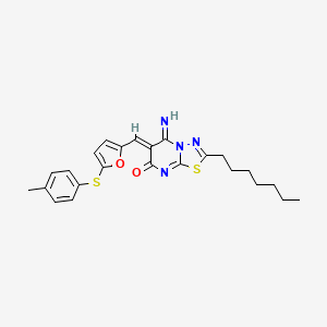 molecular formula C24H26N4O2S2 B11651168 (6Z)-2-heptyl-5-imino-6-({5-[(4-methylphenyl)sulfanyl]furan-2-yl}methylidene)-5,6-dihydro-7H-[1,3,4]thiadiazolo[3,2-a]pyrimidin-7-one 