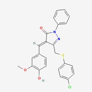 molecular formula C24H19ClN2O3S B11651319 (4E)-5-{[(4-chlorophenyl)sulfanyl]methyl}-4-(4-hydroxy-3-methoxybenzylidene)-2-phenyl-2,4-dihydro-3H-pyrazol-3-one 