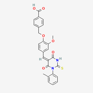 molecular formula C27H22N2O6S B11651374 4-[(2-methoxy-4-{(E)-[1-(2-methylphenyl)-4,6-dioxo-2-thioxotetrahydropyrimidin-5(2H)-ylidene]methyl}phenoxy)methyl]benzoic acid 