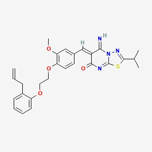 molecular formula C27H28N4O4S B11651521 (6Z)-5-Imino-6-[(3-methoxy-4-{2-[2-(prop-2-EN-1-YL)phenoxy]ethoxy}phenyl)methylidene]-2-(propan-2-YL)-5H,6H,7H-[1,3,4]thiadiazolo[3,2-A]pyrimidin-7-one 