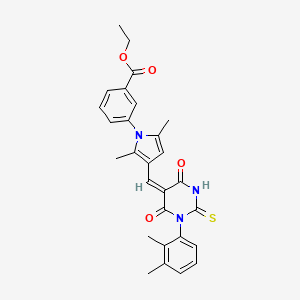 molecular formula C28H27N3O4S B11651522 ethyl 3-(3-{(E)-[1-(2,3-dimethylphenyl)-4,6-dioxo-2-thioxotetrahydropyrimidin-5(2H)-ylidene]methyl}-2,5-dimethyl-1H-pyrrol-1-yl)benzoate 