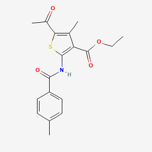 molecular formula C18H19NO4S B11651537 Thiophene-3-carboxylic acid, 5-acetyl-4-methyl-2-(4-methylbenzoylamino)-, ethyl ester 