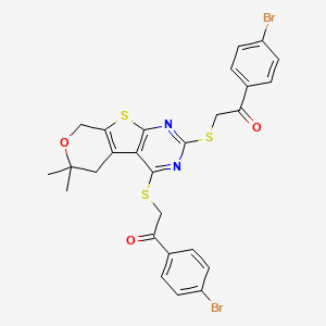 molecular formula C27H22Br2N2O3S3 B11652292 1-(4-bromophenyl)-2-[[5-[2-(4-bromophenyl)-2-oxoethyl]sulfanyl-12,12-dimethyl-11-oxa-8-thia-4,6-diazatricyclo[7.4.0.02,7]trideca-1(9),2(7),3,5-tetraen-3-yl]sulfanyl]ethanone 