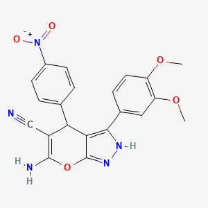 molecular formula C21H17N5O5 B11652306 6-Amino-3-(3,4-dimethoxyphenyl)-4-(4-nitrophenyl)-1,4-dihydropyrano[2,3-c]pyrazole-5-carbonitrile 