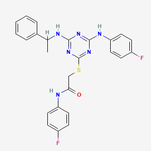 molecular formula C25H22F2N6OS B11652563 N-(4-fluorophenyl)-2-({4-[(4-fluorophenyl)amino]-6-[(1-phenylethyl)amino]-1,3,5-triazin-2-yl}sulfanyl)acetamide 