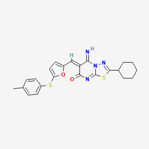 molecular formula C23H22N4O2S2 B11652588 (6Z)-2-cyclohexyl-5-imino-6-({5-[(4-methylphenyl)sulfanyl]furan-2-yl}methylidene)-5,6-dihydro-7H-[1,3,4]thiadiazolo[3,2-a]pyrimidin-7-one 