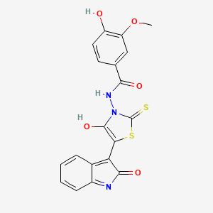 4-hydroxy-3-methoxy-N-[(5E)-4-oxo-5-(2-oxo-1H-indol-3-ylidene)-2-sulfanylidene-1,3-thiazolidin-3-yl]benzamide