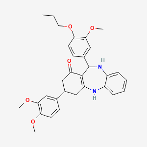 molecular formula C31H34N2O5 B11652850 3-(3,4-dimethoxyphenyl)-11-(3-methoxy-4-propoxyphenyl)-2,3,4,5,10,11-hexahydro-1H-dibenzo[b,e][1,4]diazepin-1-one 