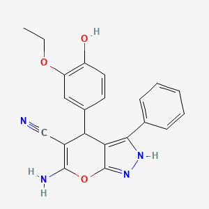 molecular formula C21H18N4O3 B11652897 6-Amino-4-(3-ethoxy-4-hydroxyphenyl)-3-phenyl-1,4-dihydropyrano[2,3-c]pyrazole-5-carbonitrile 