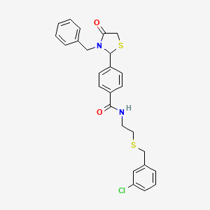 molecular formula C26H25ClN2O2S2 B11653071 4-(3-benzyl-4-oxo-1,3-thiazolidin-2-yl)-N-{2-[(3-chlorobenzyl)sulfanyl]ethyl}benzamide 