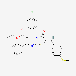 molecular formula C29H23ClN2O3S2 B11653105 ethyl (2Z)-5-(4-chlorophenyl)-2-[4-(methylsulfanyl)benzylidene]-3-oxo-7-phenyl-2,3-dihydro-5H-[1,3]thiazolo[3,2-a]pyrimidine-6-carboxylate 