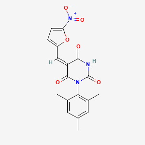 (5E)-5-[(5-nitrofuran-2-yl)methylidene]-1-(2,4,6-trimethylphenyl)-1,3-diazinane-2,4,6-trione