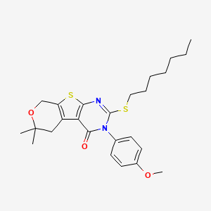 molecular formula C25H32N2O3S2 B11653235 5-heptylsulfanyl-4-(4-methoxyphenyl)-12,12-dimethyl-11-oxa-8-thia-4,6-diazatricyclo[7.4.0.02,7]trideca-1(9),2(7),5-trien-3-one 