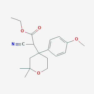 molecular formula C19H25NO4 B11653546 Ethyl 2-cyano-2-[4-(4-methoxyphenyl)-2,2-dimethyloxan-4-yl]acetate 