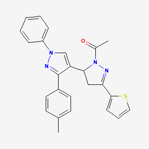 molecular formula C25H22N4OS B11653623 1-[3'-(4-methylphenyl)-1'-phenyl-5-(thiophen-2-yl)-3,4-dihydro-1'H,2H-3,4'-bipyrazol-2-yl]ethanone 