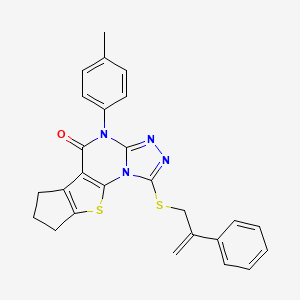 molecular formula C26H22N4OS2 B11653679 4-(4-Methylphenyl)-1-[(2-phenylallyl)sulfanyl]-7,8-dihydro-6H-cyclopenta[4,5]thieno[3,2-E][1,2,4]triazolo[4,3-A]pyrimidin-5(4H)-one 