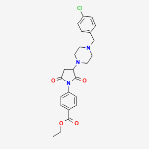 molecular formula C24H26ClN3O4 B11653757 Ethyl 4-{3-[4-(4-chlorobenzyl)piperazin-1-yl]-2,5-dioxopyrrolidin-1-yl}benzoate 