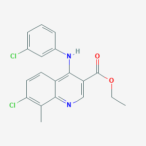 molecular formula C19H16Cl2N2O2 B11653848 Ethyl 7-chloro-4-[(3-chlorophenyl)amino]-8-methylquinoline-3-carboxylate 