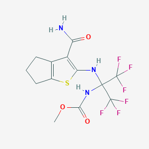 molecular formula C13H13F6N3O3S B11653856 methyl {2-[(3-carbamoyl-5,6-dihydro-4H-cyclopenta[b]thiophen-2-yl)amino]-1,1,1,3,3,3-hexafluoropropan-2-yl}carbamate 