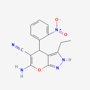 molecular formula C15H13N5O3 B11654093 6-Amino-3-ethyl-4-(2-nitrophenyl)-1,4-dihydropyrano[2,3-c]pyrazole-5-carbonitrile 