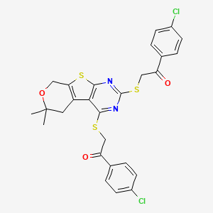 molecular formula C27H22Cl2N2O3S3 B11654427 1-(4-chlorophenyl)-2-[[5-[2-(4-chlorophenyl)-2-oxoethyl]sulfanyl-12,12-dimethyl-11-oxa-8-thia-4,6-diazatricyclo[7.4.0.02,7]trideca-1(9),2(7),3,5-tetraen-3-yl]sulfanyl]ethanone 