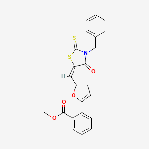 molecular formula C23H17NO4S2 B11654547 Methyl 2-(5-((3-benzyl-4-oxo-2-thioxothiazolidin-5-ylidene)methyl)furan-2-yl)benzoate 