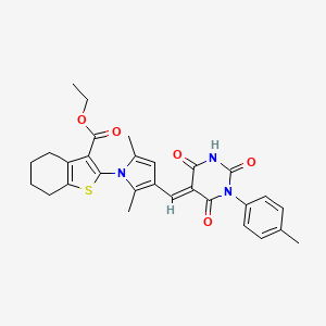 ethyl 2-(2,5-dimethyl-3-{(E)-[1-(4-methylphenyl)-2,4,6-trioxotetrahydropyrimidin-5(2H)-ylidene]methyl}-1H-pyrrol-1-yl)-4,5,6,7-tetrahydro-1-benzothiophene-3-carboxylate