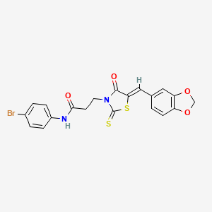 molecular formula C20H15BrN2O4S2 B11655011 3-[(5Z)-5-(1,3-benzodioxol-5-ylmethylidene)-4-oxo-2-thioxo-1,3-thiazolidin-3-yl]-N-(4-bromophenyl)propanamide 