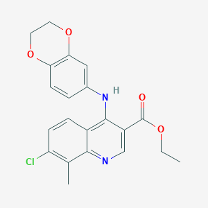 molecular formula C21H19ClN2O4 B11655125 Ethyl 7-chloro-4-(2,3-dihydro-1,4-benzodioxin-6-ylamino)-8-methylquinoline-3-carboxylate 