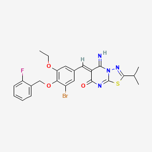 molecular formula C24H22BrFN4O3S B11655195 (6Z)-6-{3-bromo-5-ethoxy-4-[(2-fluorobenzyl)oxy]benzylidene}-5-imino-2-(propan-2-yl)-5,6-dihydro-7H-[1,3,4]thiadiazolo[3,2-a]pyrimidin-7-one 