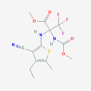 molecular formula C14H16F3N3O4S B11655223 Propanoic acid, 2-(3-cyano-4-ethyl-5-methylthien-2-ylamino)-3,3,3-trifluoro-2-methoxycarbonylamino-, methyl ester 