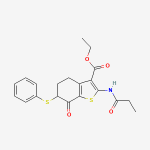 molecular formula C20H21NO4S2 B11655330 Ethyl 7-oxo-6-(phenylsulfanyl)-2-(propanoylamino)-4,5,6,7-tetrahydro-1-benzothiophene-3-carboxylate 