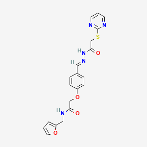 molecular formula C20H19N5O4S B11655625 N-(furan-2-ylmethyl)-2-{4-[(E)-{2-[(pyrimidin-2-ylsulfanyl)acetyl]hydrazinylidene}methyl]phenoxy}acetamide 