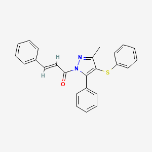 molecular formula C25H20N2OS B11656018 3-methyl-5-phenyl-1-[(2E)-3-phenylprop-2-enoyl]-4-(phenylthio)-1H-pyrazole 