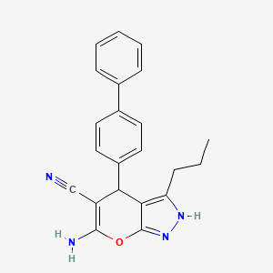 molecular formula C22H20N4O B11656091 6-Amino-4-(biphenyl-4-yl)-3-propyl-1,4-dihydropyrano[2,3-c]pyrazole-5-carbonitrile 