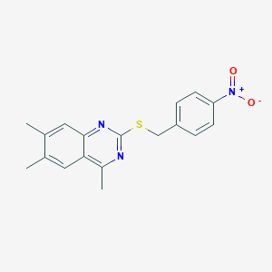 molecular formula C18H17N3O2S B11656120 4,6,7-Trimethyl-2-[(4-nitrobenzyl)sulfanyl]quinazoline 