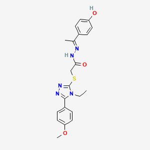 molecular formula C21H23N5O3S B11656247 2-{[4-ethyl-5-(4-methoxyphenyl)-4H-1,2,4-triazol-3-yl]sulfanyl}-N'-[(1E)-1-(4-hydroxyphenyl)ethylidene]acetohydrazide 