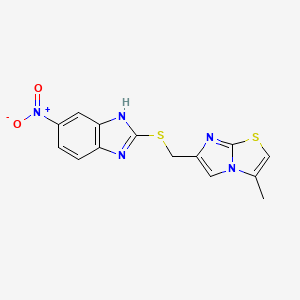 molecular formula C14H11N5O2S2 B11656293 2-{[(3-methylimidazo[2,1-b][1,3]thiazol-6-yl)methyl]sulfanyl}-5-nitro-1H-benzimidazole 