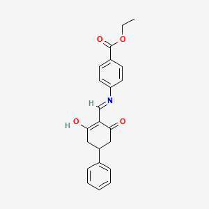 molecular formula C22H21NO4 B11656473 Ethyl 4-{[(2,6-dioxo-4-phenylcyclohexylidene)methyl]amino}benzoate 